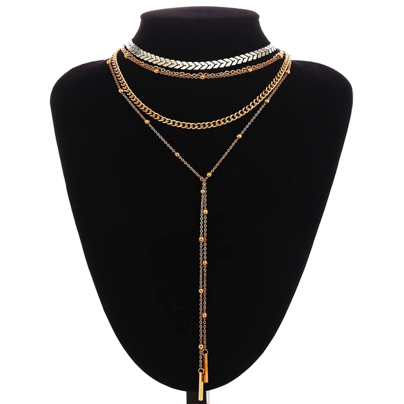 Two Tone Multilayered Choker Necklaces Set - Picture 2 of 6